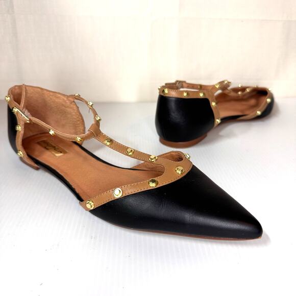 Halogen Shoes - HALOGEN Olson Flats Women's 9.5 Studded T-Strap Black Gold Leather Edgy Workwear